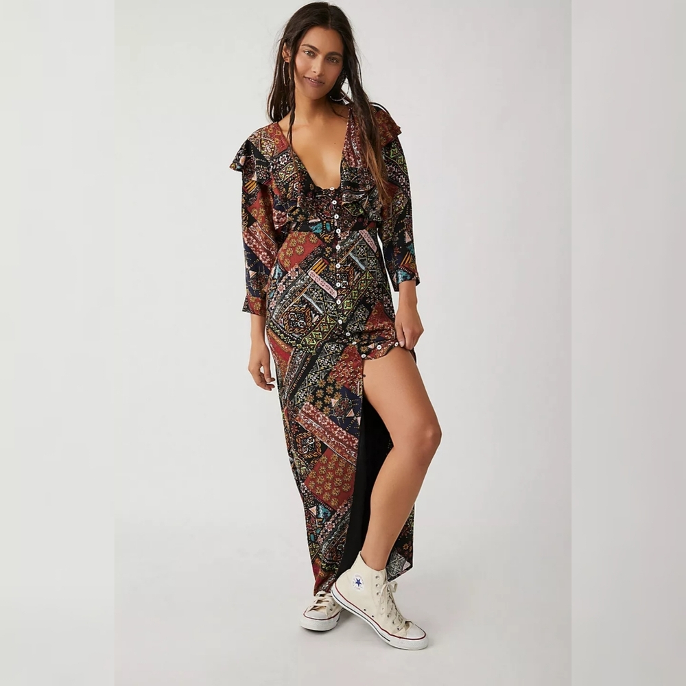 Free People Lennon Maxi Dress in‎ Black Long Sleeve Button Down NWT